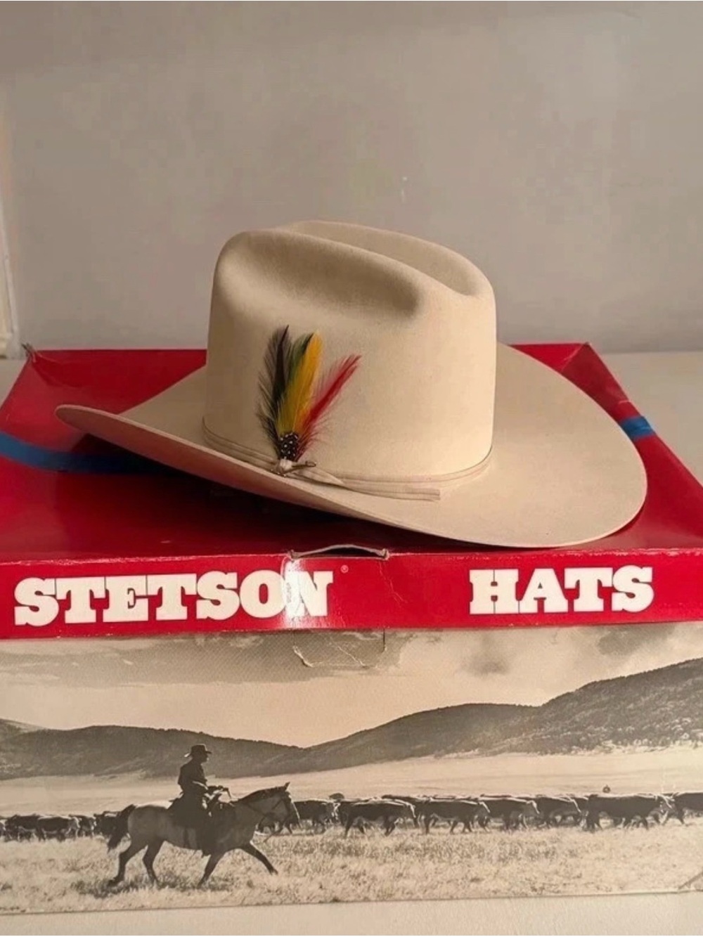 Stetson Beige Western Felt Cowboy Hat with Red Yellow and Black Feather